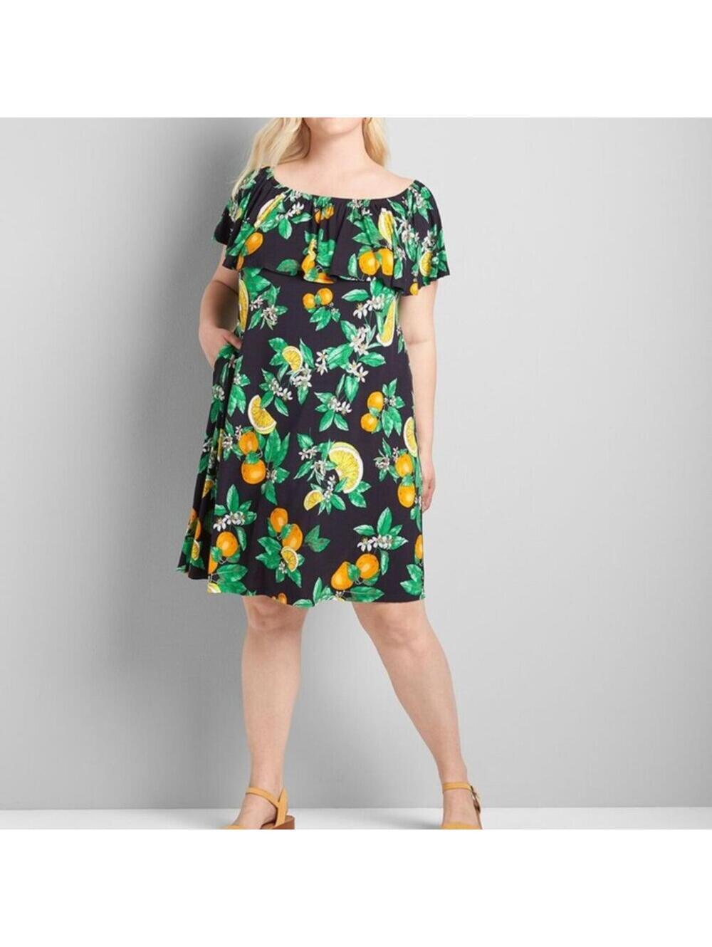 NWT Lane Bryant Lemon Citrus Convertible Off Shoulder Midi Dress 14 16 Pockets